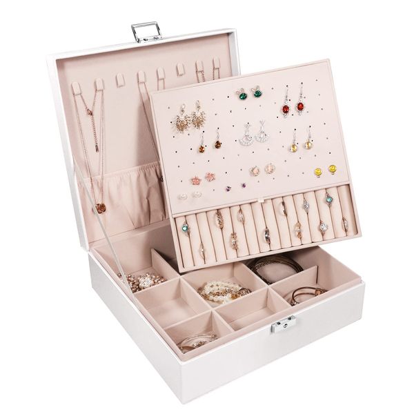 

jewelry boxes allinside box organizer for ladies girls double layers pu leather storage case with lock veet lining pearl white amspz, Black;white