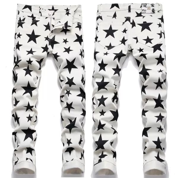 

slim fit pants jeans straight leg full printed men regular cotton jean pant hip hop casual big size trousers 5692, Blue