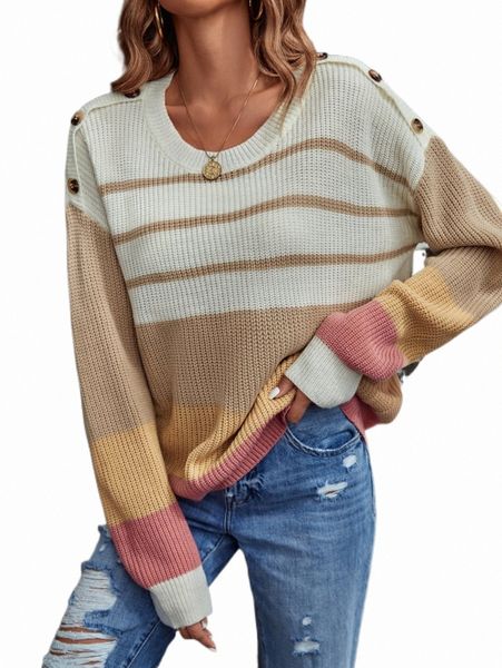 

striped pattern colorblock button detail drop shoulder sweater a9ct#, White;black