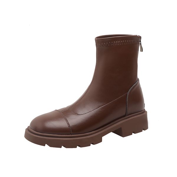 

thick-soled martin boots women british style zipper elastic boot short lady autumn genuine leather shoes, Black