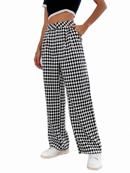 

women's pants & capris plaid slant pocket wide leg pants f5ol#cvbng, Black;white