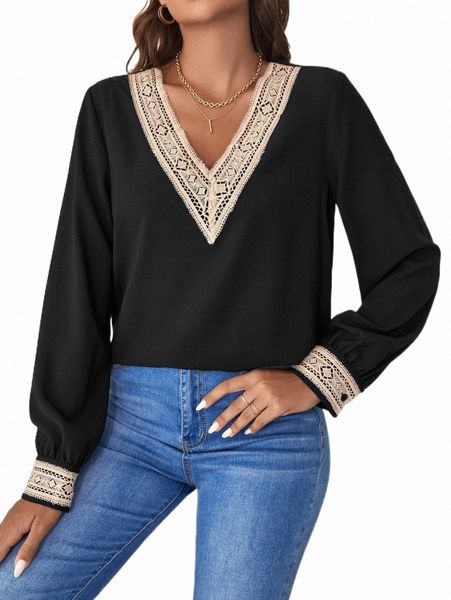 

women's blouses & shirts contrast guipure lace blouse r9b5#, White