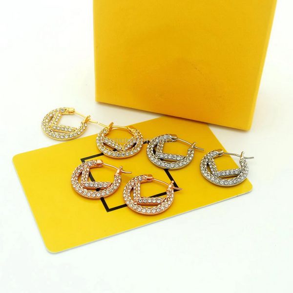 

europe america fashion style hoop earrings lady women gold/silver/rose color hardware engraved hollow out letter f circle with diamond, Golden;silver