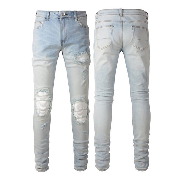 

2026 designer mens jeans hip-hop fashion zipper hole wash jean pants retro torn fold stitching men design motorcycle riding cool slim pant p, Blue