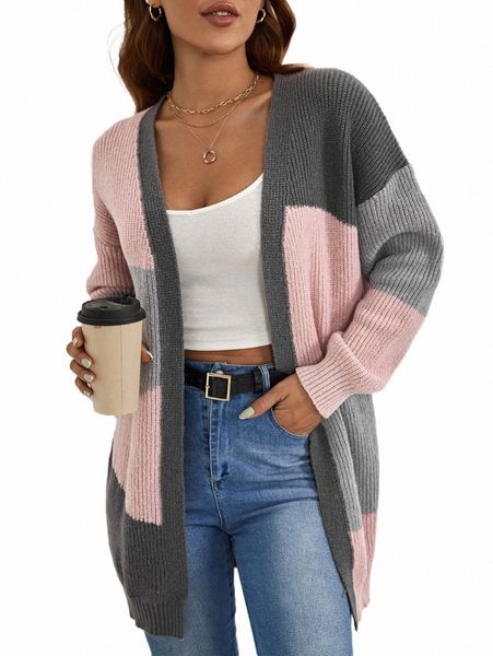 

women's sweaters colorblock drop shoulder duster cardigan z09c#, White;black