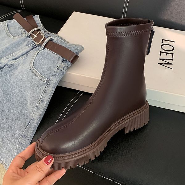 

thick-soled martin boots women knight designer zipper boot ankle lady autumn winter shoes flat heel, Black