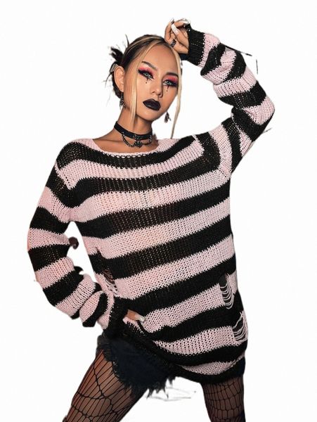 

women's sweaters stripe pattern ripped drop shoulder sweater j9ox#, White;black