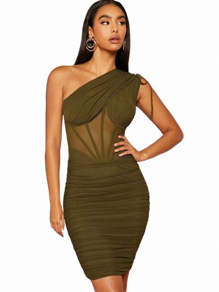 

one shoulder drawstring ruched sheer mesh insert dress e5ik#, Black;gray