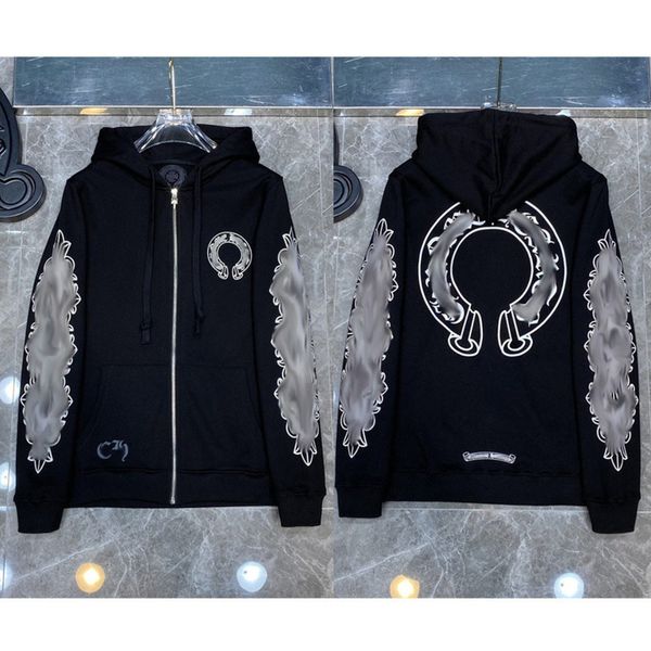 

luxury classic men's sweatshirts brand ch designer hoodie fashion men women horseshoe sanskrit loose zipper jacket pullover hooded coa, Black