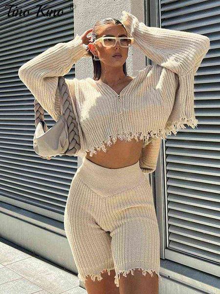 

women's tracksuits autumn tassel knitted two piece women's suit zipper long sleeve hooded cardigan shorts femlae suits 2022 loose, Gray