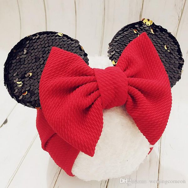 

new girls cartoon mouse ears headband big hair bow headband headwrap fabric elastic bowknot diy hair with bows bandeau bebe fille accessory, Slivery;white