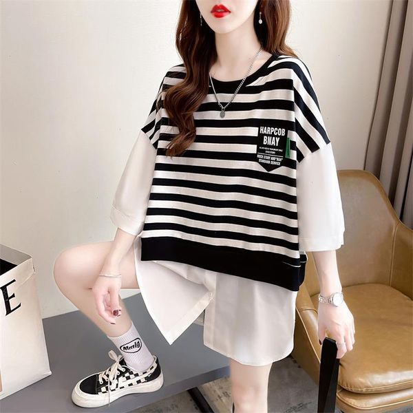 

0876 black t shirt and white striped women false two piece female loose bat sleeve