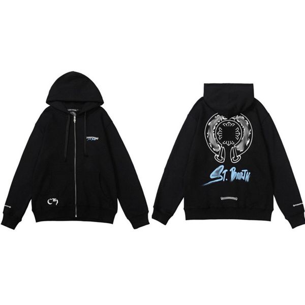 

classic men's luxury sweatshirts ch fashion hoodies men woman designer horseshoe sanskrit cross pullover hooded zipper sweater loose ja, Black