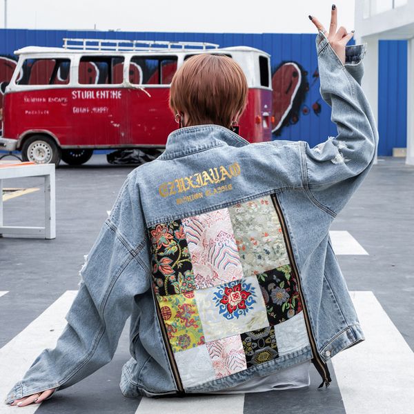 

jackets autumn embroidery double zipper stitching loose patch coat men and women jacket denim jacket, Black;brown