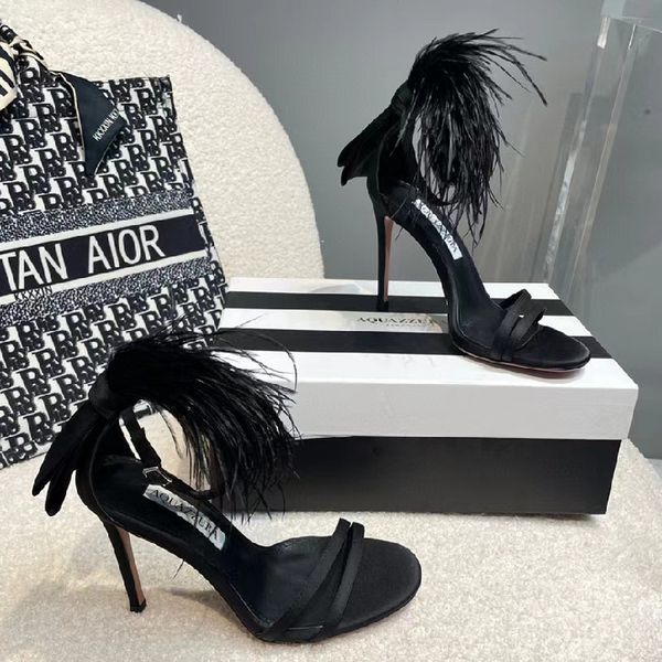

aquazzura fur design sandals women luxury designer brand stiletto summer shoes thin high heel ankle strap dress shoe fashion factory footwea, Black
