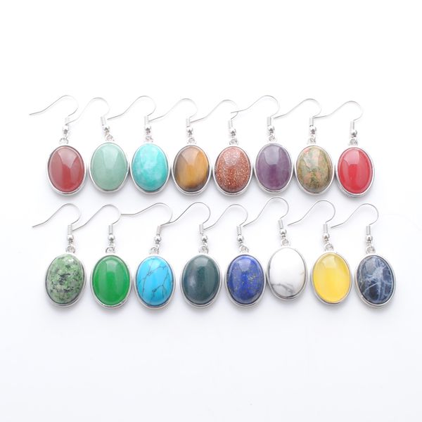 

natural stone dangle earrings bead oval hook drop earrings for women jewelry gifts tiger's eye agates jades opal br337, Silver