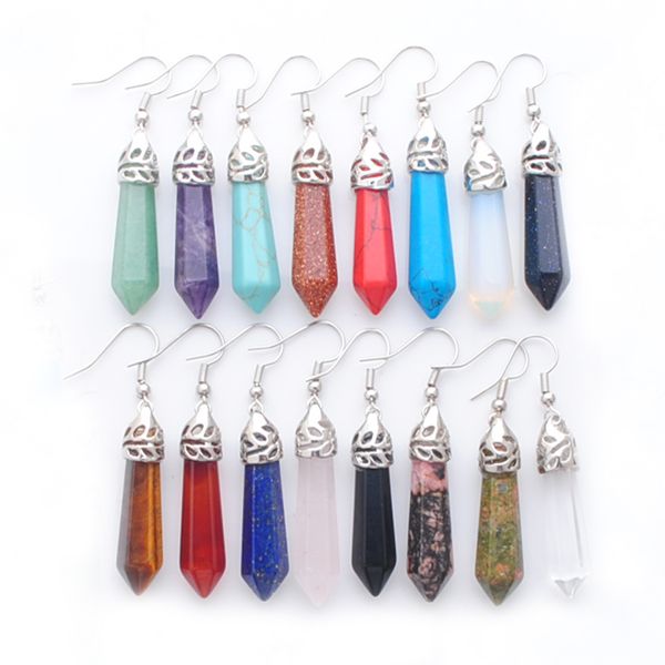

new fashion dangle & chandelier earrings for women jewelry hexagonal tiger's eye golden sand gem stone pointed reiki chakra beads br310, Silver