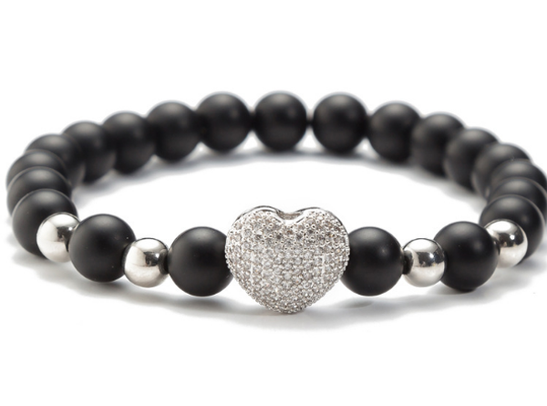 

fashion strands natural stone crown 8mm bracelet heart micro pave cz ball black beads his her bracelets bangles sj53