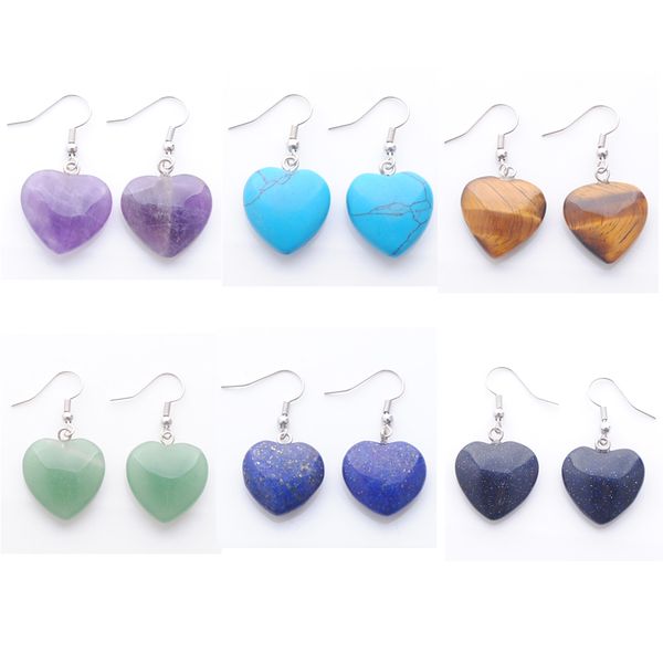

natural gem stone dangle earrings love heart shape bead opal lapis rose quartz amethyst drop earring wedding jewelry for women girls br335, Silver