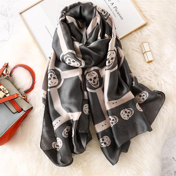 

soft designer skeleton skull silk scarf women punk style long scarves shawls ladies brand pashmina hijab foulard 180cm318a, Blue;gray