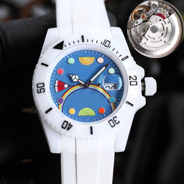 

9 types white ceramic case luxury sub watch clean factory men mechanical blue dial eta3135 rubber strap swimming watches sapphire luminous m, Slivery;brown