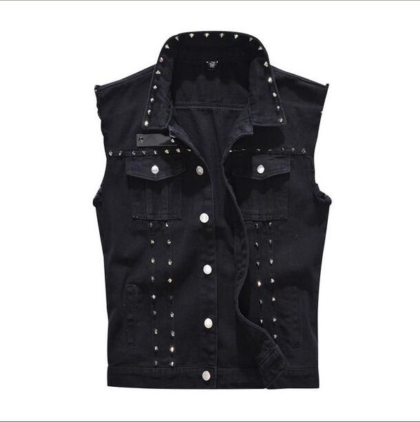 

denim vest men punk rock rivet cowboy black jeans waistcoat fashion men motorcycle style sleeveless jacket m-6xl, Black;white