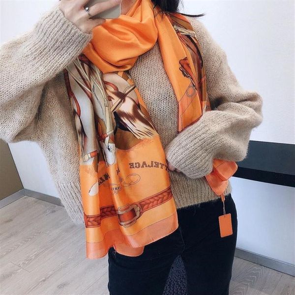 

designer silk scarf pashmina for women 2022 summer orange horse printed long scarves scarfs wrap 180x90cm shawls s229302r, Blue;gray