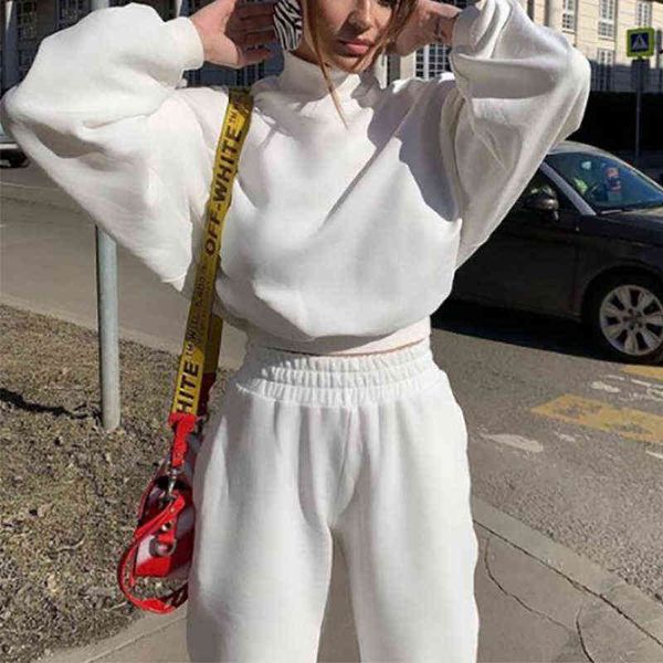 

women's tracksuits women casual fleece two piece set 2021 autumn oversize tracksuit long sleeve turtleneck cropped sweatshirt and penci, Gray