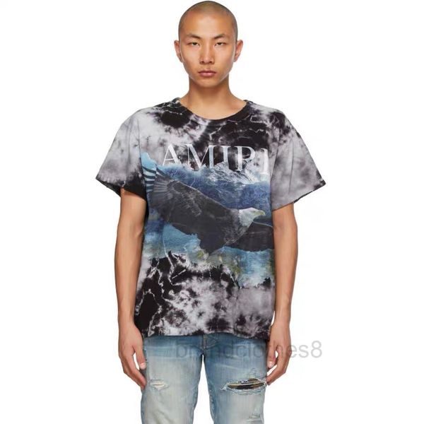 

amiiriss designer hoodie pullover sweatshirt long sleeve fall casual water wash old tie dye damage direct spray eagle vintage t-shirt short, Black