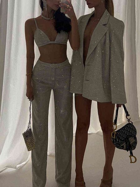 

women's tracksuits glitter sleeveless crop two piece pants set women summer high waist pants set bodycon straight trouser suits t220827, Gray