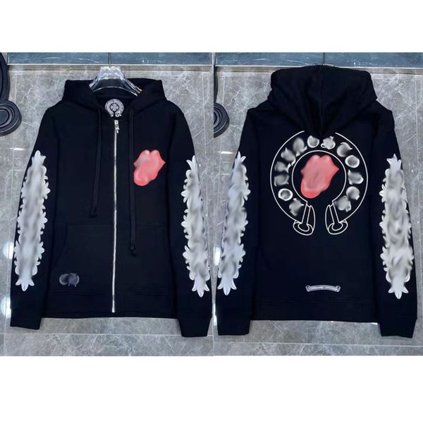 

luxury fashion men's sweatshirts classic zipper hoodies women men loose pullover hooded designer horseshoe sanskrit hoodie sweater jack, Black