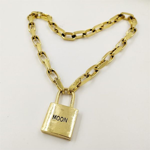 

new women vintage metal lock choker necklace chunky handmade link chain pendant necklace female colliers fashion jewelry 2019213z, Golden;silver