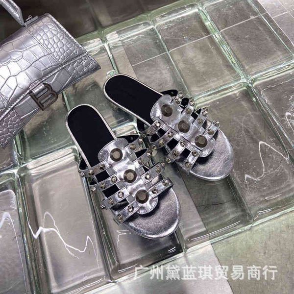 

cracked sandals summer cow leather tower shaped metal rivet strip hollowed out flat slippers women's shoes 061j o8k4, Black