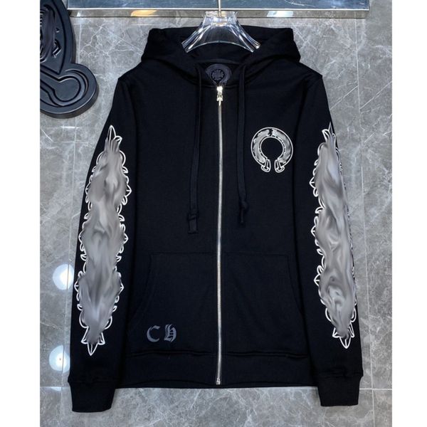 

classic men's luxury sweatshirts brand ch designer hoodie fashion men women horseshoe sanskrit loose zipper jacket pullover hooded coa, Black