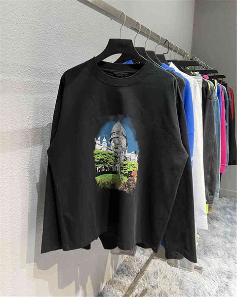 

men's hoodies sweatshirts early autumn front and back castle printing heavy industry washing water worn holes men's women's, Black