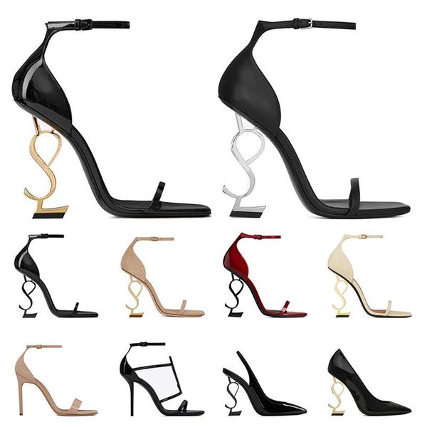 

women luxury dress shoes high heels patent leather gold tone triple black nude lady fashion sandals open toes stiletto heel party 277z