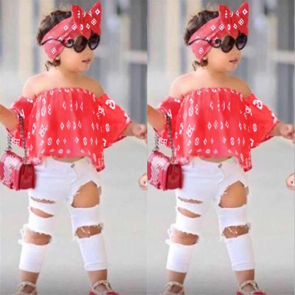

kids summer girls clothing sets off shoulder hole white pants hairband girls clothes set children clothes188i