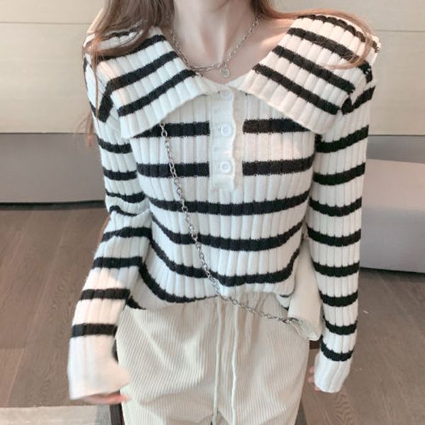 

women's sweaters rimocy korean sailor collar striped sweater women button long sleeve knitting pullover for woman autumn simple jumper, White;black