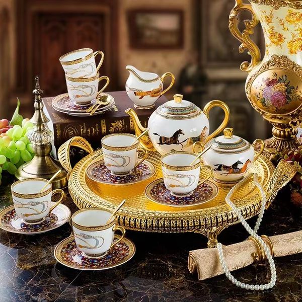 

western luxury war horse gilding coffee and tea sets bone china cafe cups afternoon tea pots sugar jar for gift