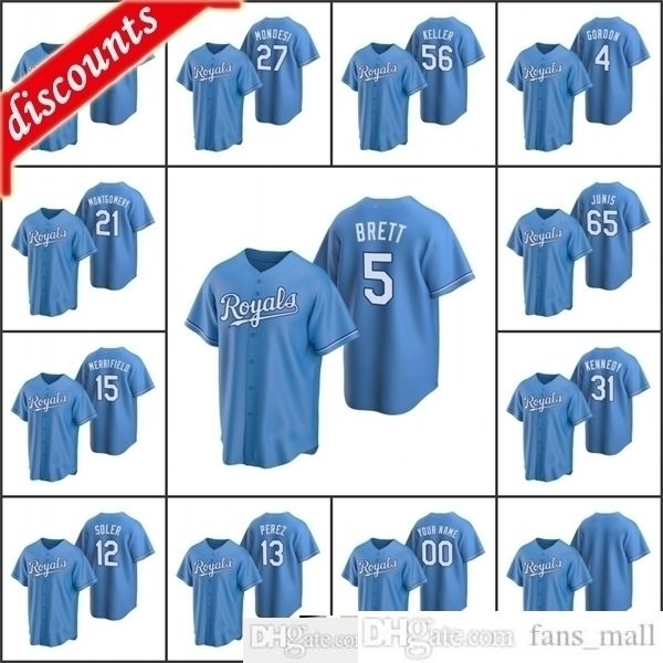 

2021 baseball jerseys men #13 salvador perez 4 alex gordon 35 asa lacy brett junis custom women youth kids light blue alternate jersey, Blue;black