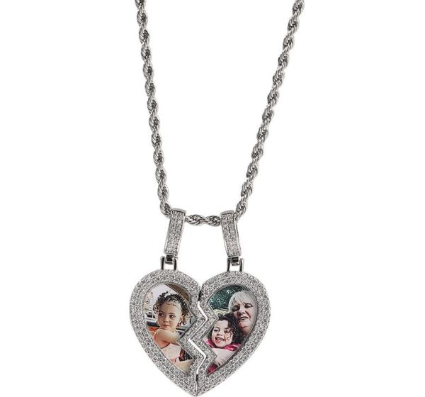 

broken heart medallion picture pendant necklaces iced out cz half magnetic heart charms fashion jewelry, Silver