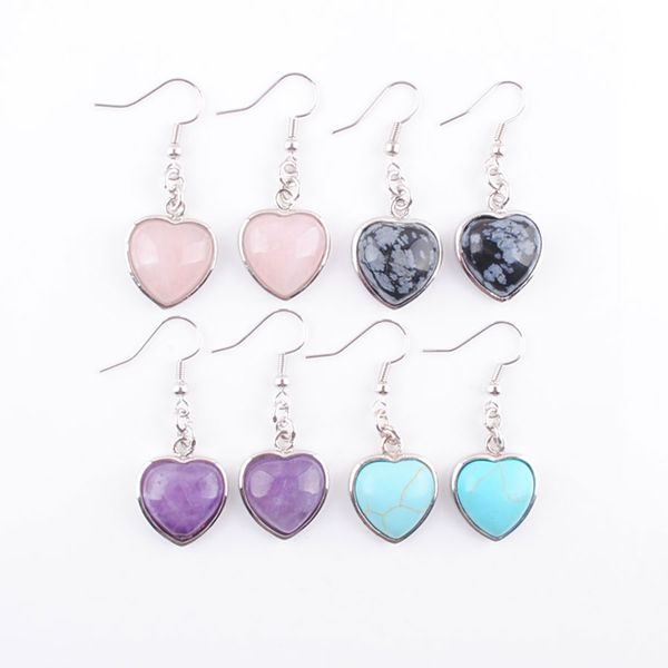 

natural gem stone dangle earrings love heart shape bead opal lapis rose quartz drop earring wedding jewelry for women girls br323, Silver
