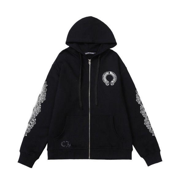 

classic luxury men's sweatshirts brand ch designer hoodie fashion men women horseshoe sanskrit loose zipper jacket pullover hooded coa, Black