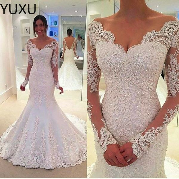 

2023 modern mermaid wedding dress plus size arabic aso ebi lace beaded long sleeves vintage bridal gowns, White
