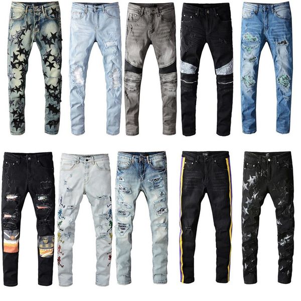 

mens distressed ripped jeans skinny slim fit motorcycle biker denim for men fashion hip hop pants cool streetwear290e, Blue