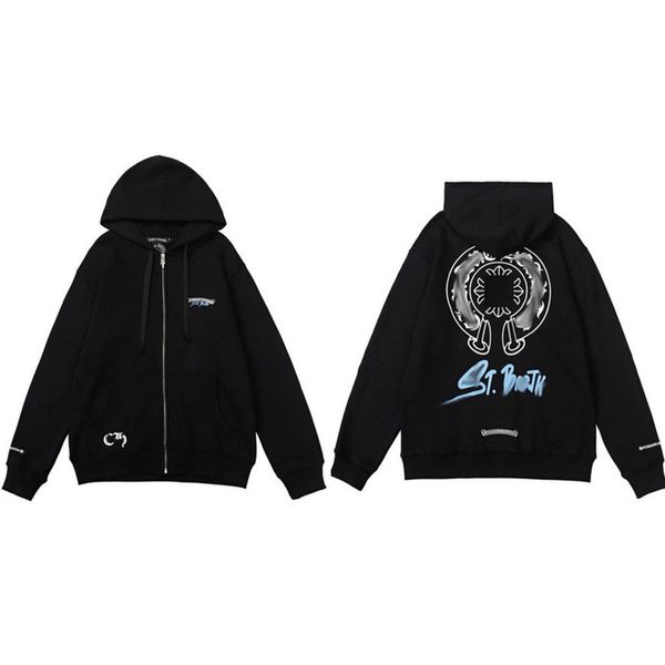 

men's classic luxury sweatshirts ch brand fashion hoodies men woman horseshoe sanskrit cross pullover hooded zipper sweater loose jacke, Black