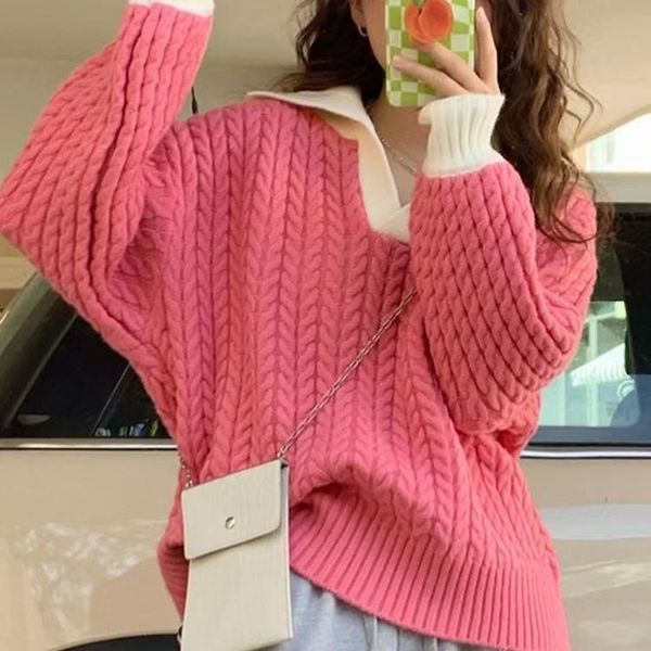 

women's sweaters polo collar pink knitted sweater women's comfortable autumn and winter loose and gentle wind autumn long sleeve 2, White;black