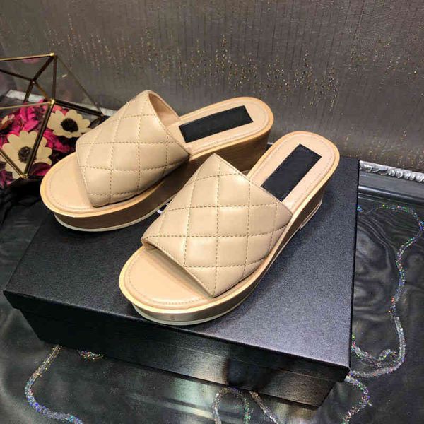 

and sandals spring summer sheepskin embroidered diamond lattice round head open toe thick bottom slope heel one line simple slippers t6bt cb, Black