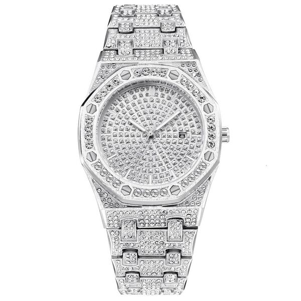 

bling diamond watch for men iced out luxury mens quartz watches man dress wristwatch silver stainless steel relogio masculino sh19276y, Slivery;brown