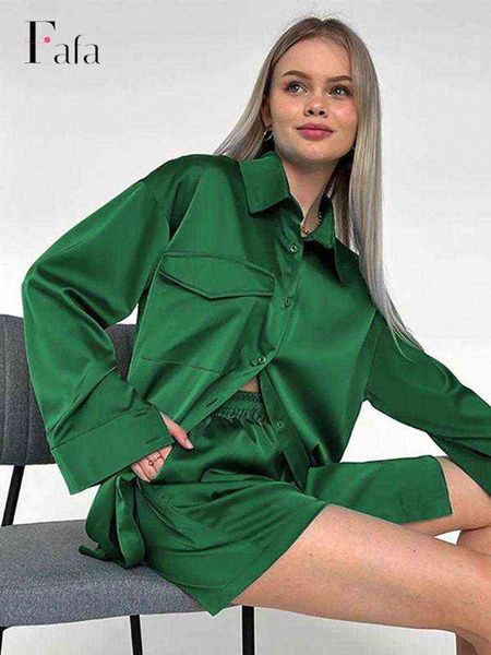 

women's tracksuits satin green shorts two pieces set women long sleeve pocket elastic waist shorts suit 2022 summer office elegant out, Gray